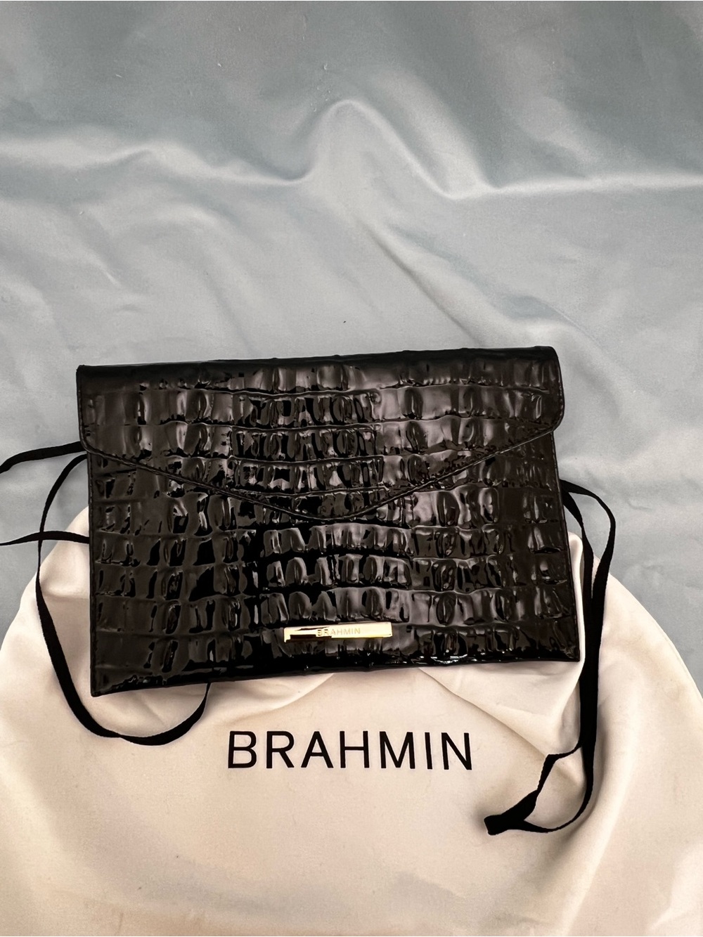 Brahmin Black Croc-Embossed Leather Envelope Clutch
